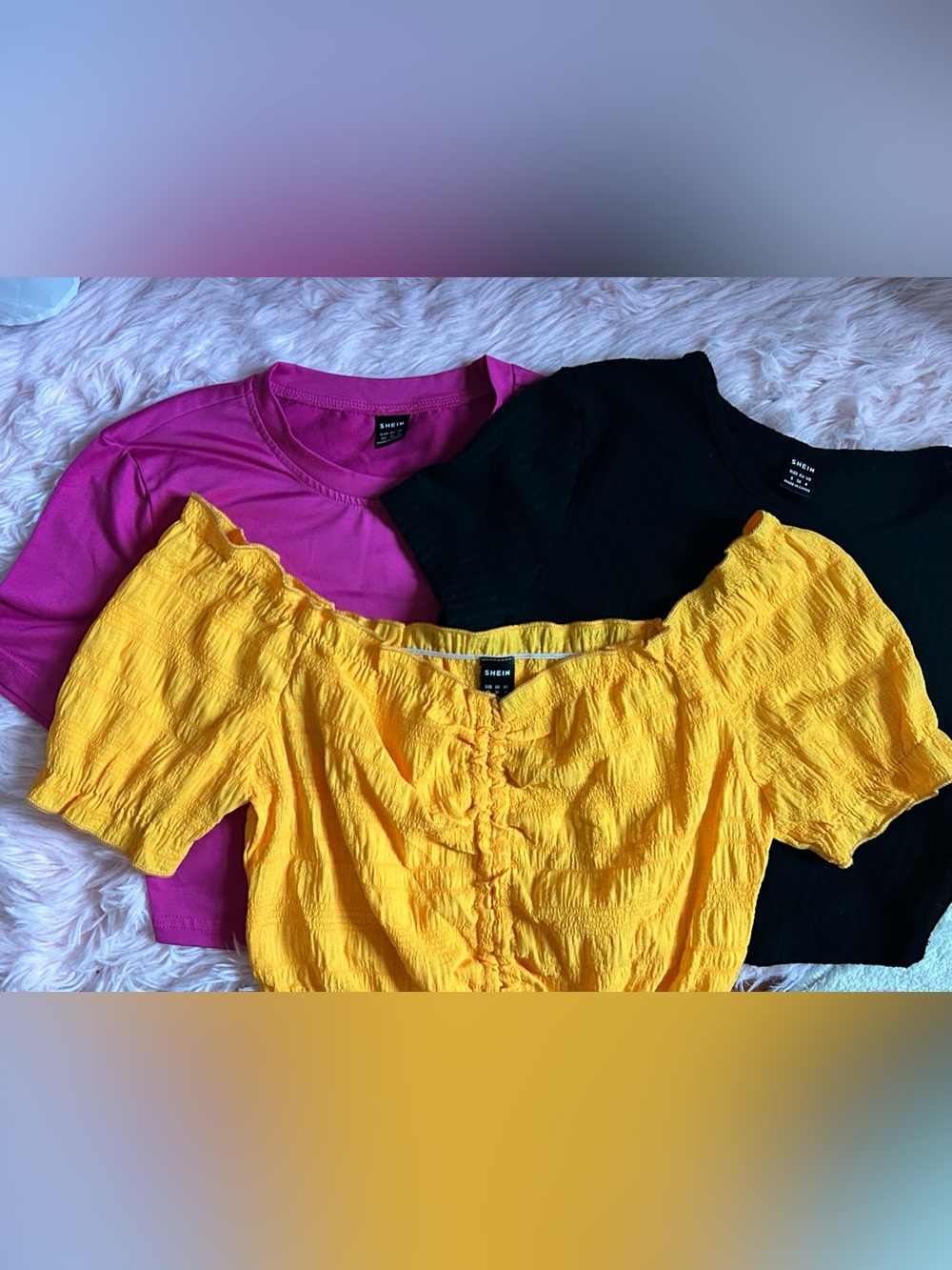 SHEIN Yellow Off-Shoulder Smock Top with Hot pink and Black Tees